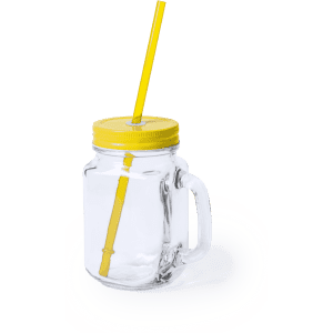 A drink bottle featuring a clear glass jar design with a yellow lid and straw. Includes a handle for easy grip.