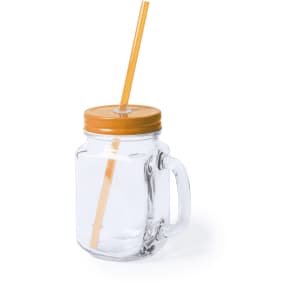 A glass jar with a yellow lid and straw, featuring a handle for easy drinking. It has a simple logo on the lid.