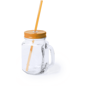 A drink bottle with a clear glass body, yellow lid, and a yellow straw. It features a handle and a logo.