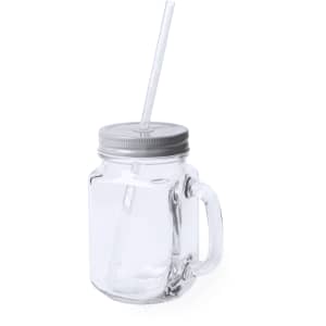 A drink bottle with a clear glass design, a silver lid, and a straw. It features a handle for easy holding.