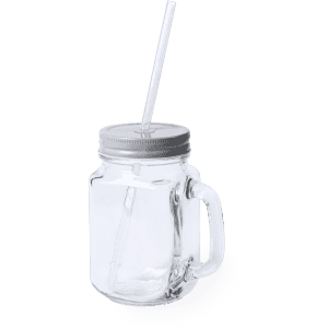 A drink bottle with a transparent glass body, metal lid, and a clear straw. It features a handle for easy holding.