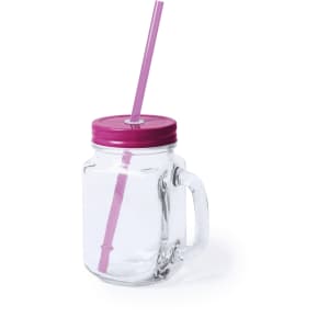 A drink bottle with a clear glass body, purple lid, and matching straw. It features a handle for easy gripping.