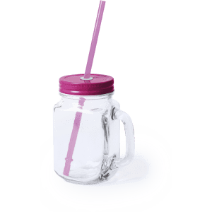 A drink bottle with a clear glass body, pink lid, and matching straw. It features a handle for easy grip.