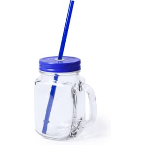 A drink bottle featuring a clear glass jar design with a blue lid and a blue drinking straw.