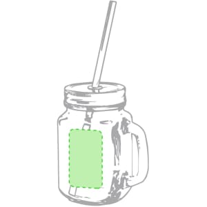 A drink bottle in a mason jar design, featuring a green label and a straw, made of transparent glass.