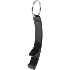 A drink bottle opener keyring in sleek black, featuring a simple design and a metal ring for attachment.