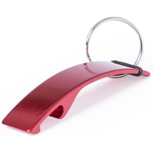A drink bottle opener keyring in a shiny red colour with a metal keyring attached. Features a simple design.