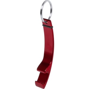 A red keyring bottle opener with a sleek design and a metal ring attachment.