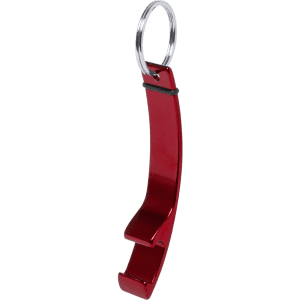 A drink bottle opener keyring in red, featuring a sleek design and a metal ring for attachment.