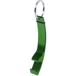 A green metal bottle opener keyring featuring a sleek curved design and a silver keyring.