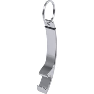 A drink bottle opener keyring in a sleek metallic silver design, featuring a circular keyring attachment.