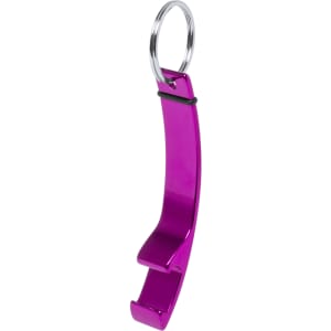 A purple bottle opener keyring with a smooth, curved design and a metal keyring attachment.