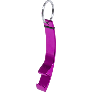 A purple bottle opener keyring with a sleek design and attached keyring. It features a minimalistic shape and shiny finish.