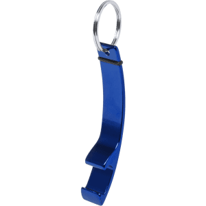 A blue bottle opener keyring with a sleek design, featuring a keyring attachment.