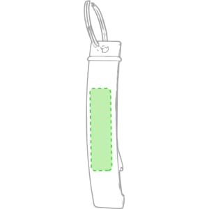 A drink bottle opener keyring in a sleek silver design with a green highlighted section and an attached keyring.