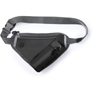 A black and grey waistbag with a zippered compartment and an adjustable strap, featuring a small logo.