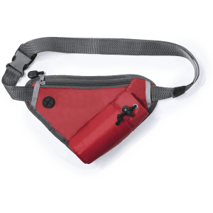 A red bum bag with a grey strap and a side pocket, featuring a logo and zip closure.