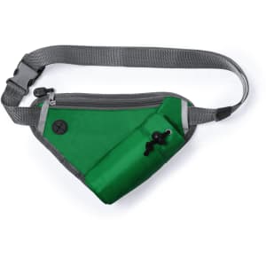 A green bum bag with a grey strap, featuring a zippered compartment and a small pocket. It has a logo.