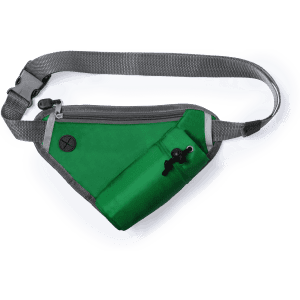 A green Tildak Waistbag with a grey strap and a small side pocket. It features a logo and zip closure.