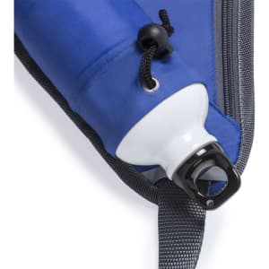 A blue Tildak Waistbag with a white drink bottle housed inside, featuring a securing strap and a logo.