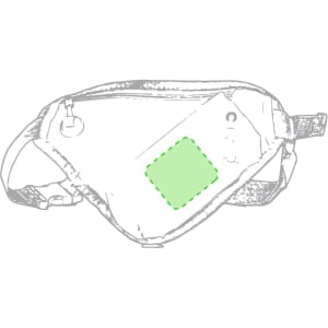 A green bum bag featuring a zipper closure and an adjustable strap, with a logo displayed on it.