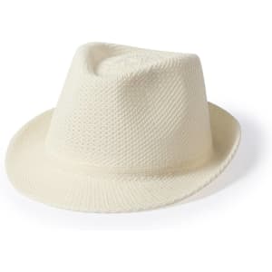 A white fedora hat with a textured finish, featuring a wide brim and a slightly creased crown.