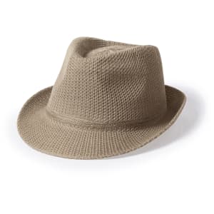 A beige woven hat with a stylish, structured design and a logo. Perfect for casual headwear.