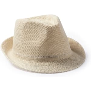 A lightweight, cream-coloured hat with a classic fedora shape and a textured weave. It features a branding logo.