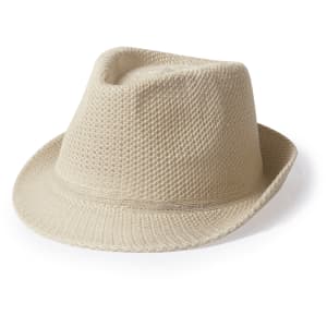 A beige fedora hat with a textured mesh design. It features a simple, stylish silhouette and a logo.
