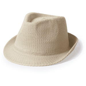 A beige Bauwens hat made of textured material, featuring a fedora shape and a subtle logo.