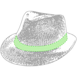 A grey fedora hat featuring a light green band, with a simple line drawing style. The design includes a logo.
