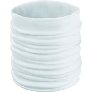 A white neck warmer with a gathered design, suitable for wearing as a scarf or accessory.