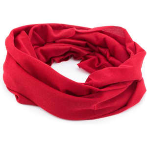 A red neck warmer made of soft fabric, styled in a twisted, layered design. It has a logo on one side.