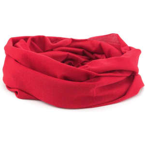 A red neck warmer, made from soft fabric, designed as a versatile clothing accessory. Features a simple, unbranded design.