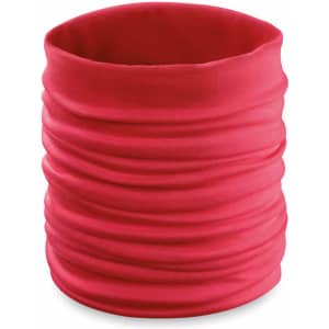 A red neck warmer with a continuous, gathered design, suitable for chilly weather. Features a logo.
