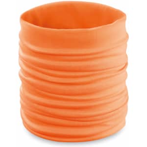 An orange neck warmer with a gathered design, suitable for clothing accessories. Features a logo on the fabric.