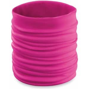 A pink neck warmer with a textured design, ideal for clothing accessory use. It features a branding logo.