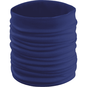 A navy blue neck warmer made of soft, stretchy fabric, featuring a simple design with a logo.
