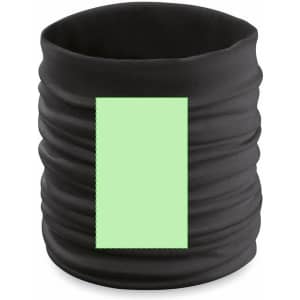 A black neck warmer with a soft texture and a blank green section for potential branding.