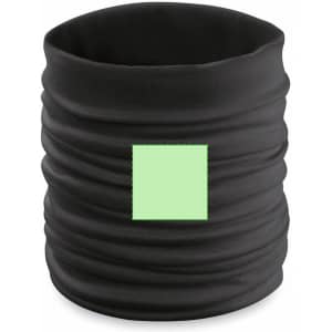 A black neck warmer featuring a textured design and a square area for branding or logos.