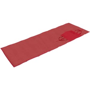 A red beach mat featuring a pocket and ties for securing. It is lightweight and designed for outdoor leisure.