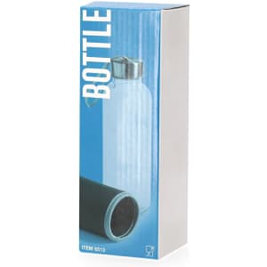 A drink bottle in a clear design with a metallic cap, packaged in a blue box with a black sleeve.