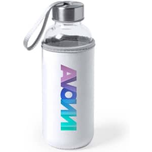 A drink bottle with a transparent glass body, silver lid, and a white sleeve featuring a gradient logo.