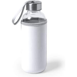 A drink bottle with a transparent body, silver lid, and white sleeve. It features a carrying strap and a logo.
