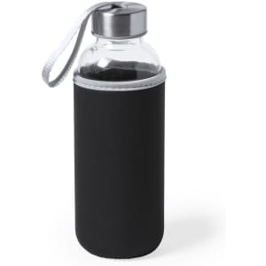 A drink bottle with a clear glass body, black neoprene sleeve, and a silver cap and strap.
