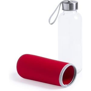 A drink bottle featuring a clear body with a stainless steel lid, accompanied by a red protective sleeve.