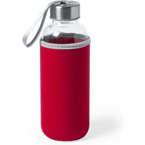 A drink bottle with a clear glass body, a metallic lid, and a red neoprene sleeve. It includes a carrying strap.