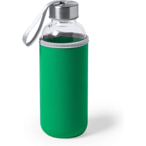 A drink bottle with a clear body, stainless steel lid, and green neoprene sleeve for insulation.