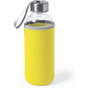 A drink bottle featuring a clear glass body with a bright yellow sleeve and a metal lid. It has a carrying strap.