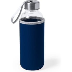 A drink bottle with a glass body and navy blue silicone sleeve, featuring a silver metal lid and strap.
